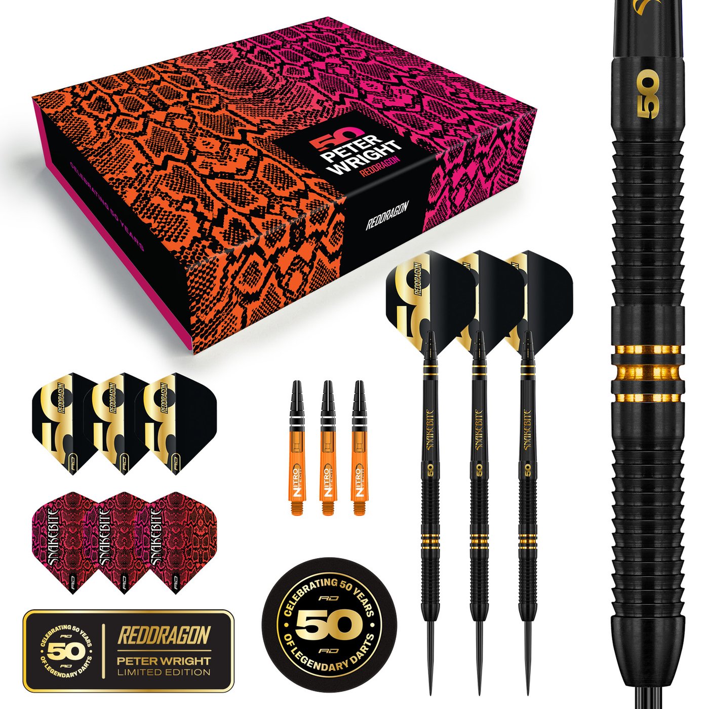 RED DRAGON - PETER WRIGHT  - 50 YEAR ANNIVERSAR - STEEL TIP DARTS - 90% - 21g