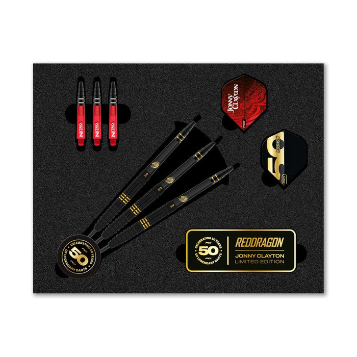 RED DRAGON - JOHNNY CLAYTON  - 50 YEAR ANNIVERSAR - STEEL TIP DARTS - 90% - 22g
