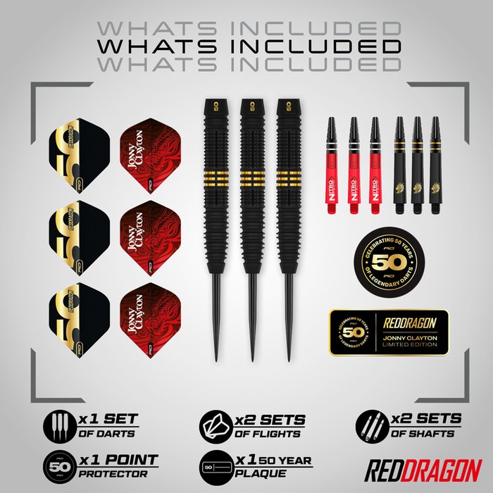 RED DRAGON - JOHNNY CLAYTON  - 50 YEAR ANNIVERSAR - STEEL TIP DARTS - 90% - 22g