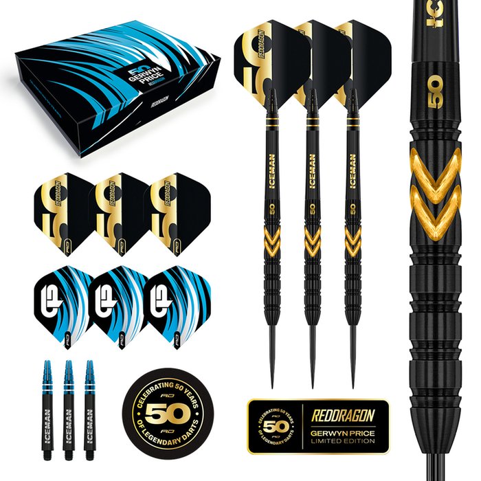 RED DRAGON - GERWYN PRICE  - 50 YEAR ANNIVERSAR - STEEL TIP DARTS - 90% - 23g