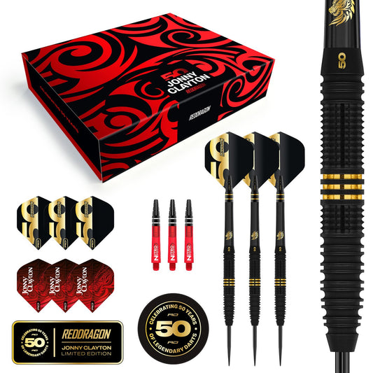 RED DRAGON - JOHNNY CLAYTON  - 50 YEAR ANNIVERSAR - STEEL TIP DARTS - 90% - 22g
