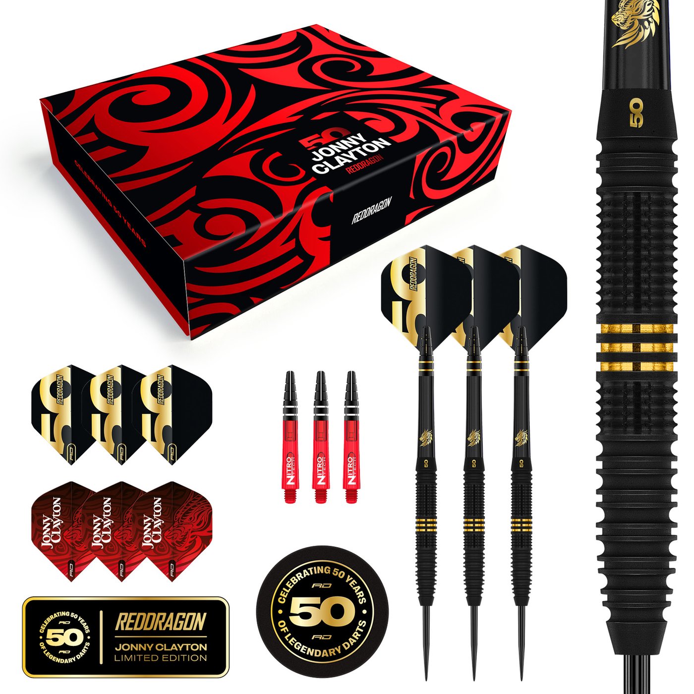 RED DRAGON - JOHNNY CLAYTON  - 50 YEAR ANNIVERSAR - STEEL TIP DARTS - 90% - 22g