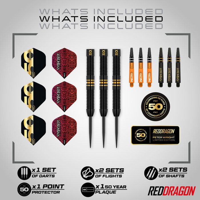 RED DRAGON - PETER WRIGHT  - 50 YEAR ANNIVERSAR - STEEL TIP DARTS - 90% - 21g
