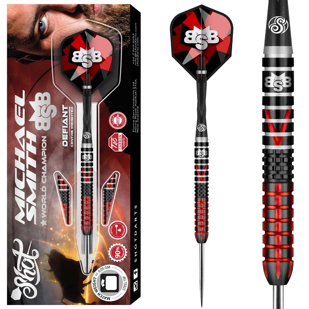 SHOT - MICHAEL SMITH - DEFIANT - STEEL TIP DARTS - 90% - 22g/23g/24g/25g
