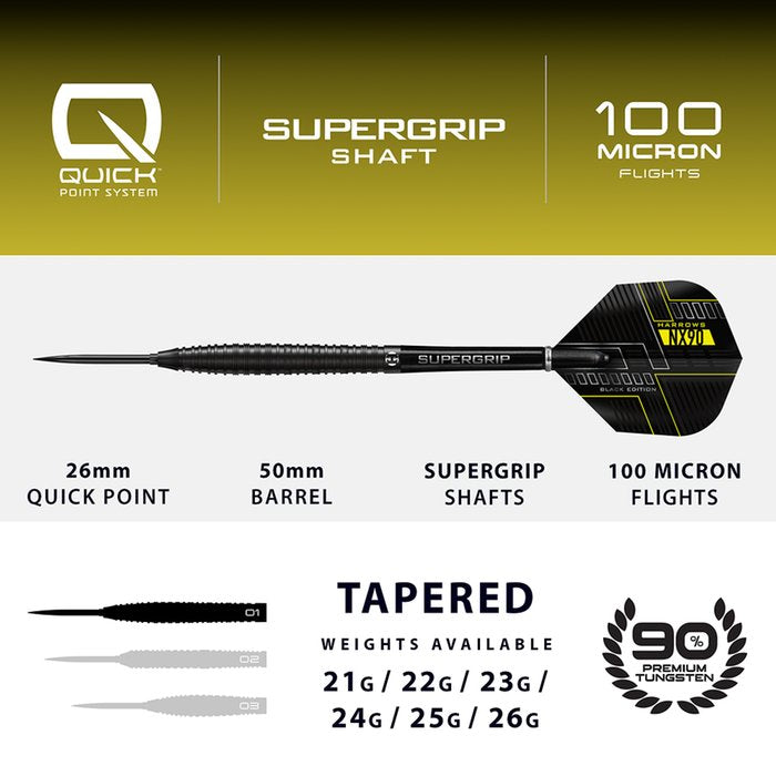 HARROWS - NX90 - BLACK TAPERED - QUICK POINTS - 90% - 21g/22g/23g/24g/25g/26g