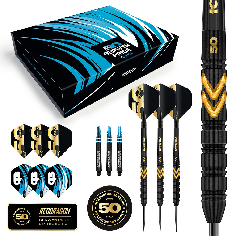 RED DRAGON - GERWYN PRICE  - 50 YEAR ANNIVERSAR - STEEL TIP DARTS - 90% - 23g