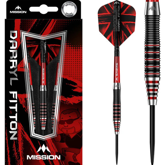 MISSION - DARYL FITTON - ELECTRO BLACK & RED - STEEL TIP DARTS - 95% - 22g/24g/26g
