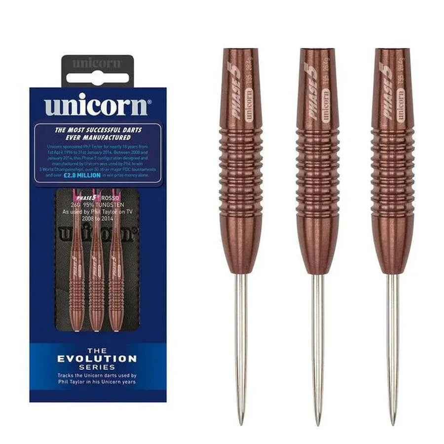 UNICORN - PURIST EVOLUTION - ROSSO - PHIL TAYLOR - PHASE 5 - STEEL TIP DARTS - 90% - 26g